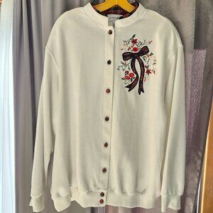 Embroidered Cardigan Sweater Plaid Floral Bow Preppy Holiday Vintage 90s 3XL